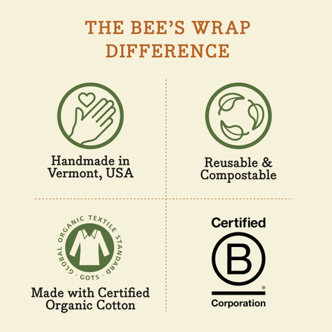 Bee’s Wrap Assorted 3 Pack: Handmade in Vermont, reusable, compostable, plastic-free, made with certified organic cotton, keeps food fresh, and Certified B Corporation.
