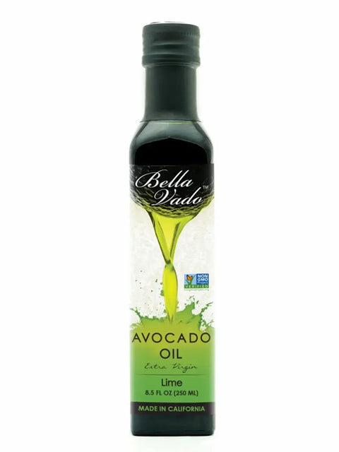 Bella Vado Avocado Oil Extra Virgin Avocado Oil (250 ml), lime flavor, comes in a green-labeled bottle showing pouring oil and a Non-GMO Project Verified seal. This cold-pressed oil is made in California.