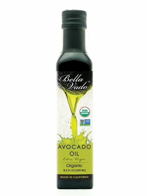 A 250 ml bottle of Bella Vado Avocado Oil USDA Organic Extra Virgin Avocado Oil—pure, cold-pressed, Non-GMO Project Verified, and proudly made in California.
