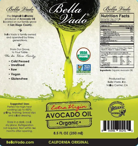Bella Vado Organic Extra Virgin Avocado Oil 250ml is a premium cold-pressed cooking oil made in the USA, featuring nutrition facts and organic labels on a black and green bottle, ideal for healthy, versatile use.