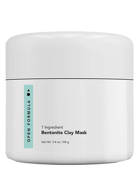 A white plastic jar of Open Formula Bentonite Clay Mask (3.4 oz/100 g) features minimalistic black and teal text, and exfoliates skin for a smoother, clearer appearance.