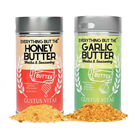 The Better Than Butter Seasoning Set by Gustus Vitae features two flavorful blends, Everything But The Honey Butter and Everything But The Garlic Butter, perfect for adding rich, savory taste to any dish.