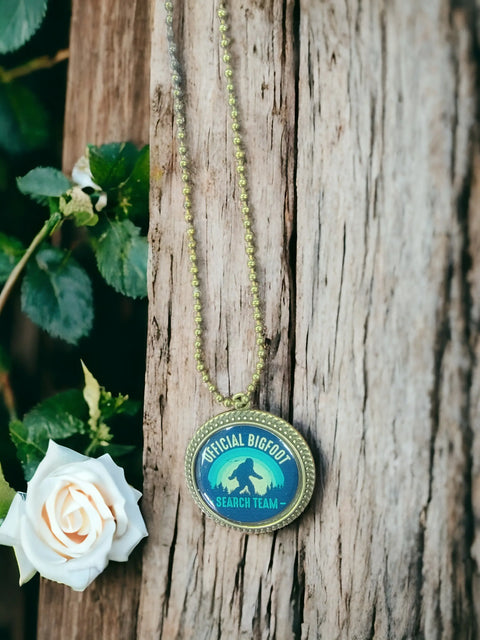 Bigfoot Search Team Pendant Necklace 30 Inch Vintage Brass Chain – Cryptid Jewelry Gift | Made in USA Michelle Marie Boutique  Pendant Necklace