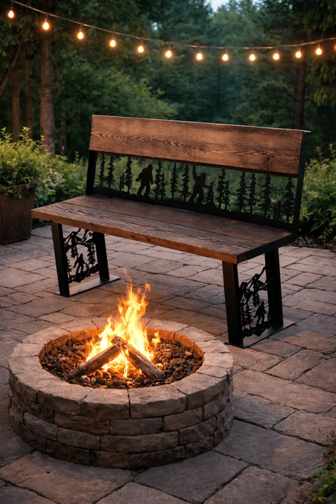 Bigfoot Silhouette Metal Art Outdoor Bench – Rustic Wood Seating with Forest Design | Made in USA Knights Home Decor  item