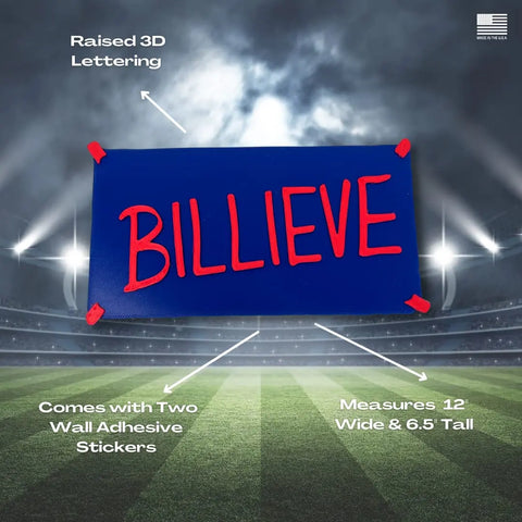 The Chatelet Manufacturing Billieve Motivational Wall Hanging is a hard plastic locker room graphic in team colors, ~12 wide x 6 tall. Includes two adhesive stickers—ideal wall art or gift for sports fans.