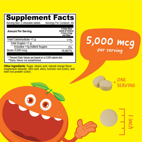 Biotin Chewable Vitamins for Kids 5000 MCG – Hair Skin Nails Support – 120 Count | Made in USA VitaWorks  Chewable