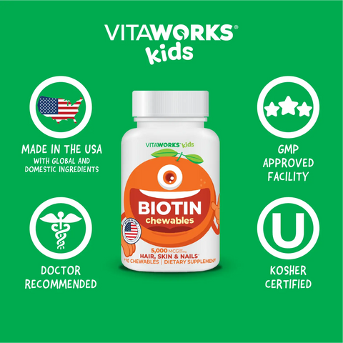 Biotin Chewable Vitamins for Kids 5000 MCG – Hair Skin Nails Support – 120 Count | Made in USA VitaWorks  Chewable