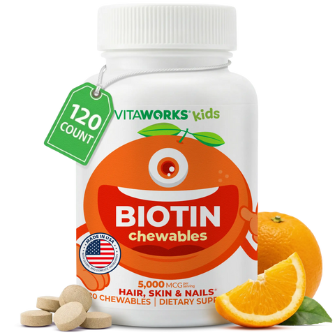 Biotin Chewable Vitamins for Kids 5000 MCG – Hair Skin Nails Support – 120 Count | Made in USA VitaWorks  Chewable