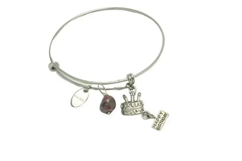 Birthday Cake Charm Stainless Steel Bangle Bracelet With Tourmaline Gemstone – 60mm Adult Size | Made in USA Michelle Marie Boutique 