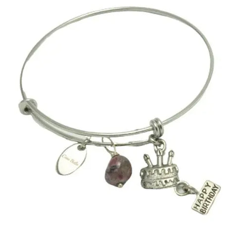 Birthday Cake Charm Stainless Steel Bangle Bracelet With Tourmaline Gemstone – 60mm Adult Size | Made in USA Michelle Marie Boutique 