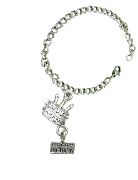 Birthday Cake Charm Stainless Steel Bangle Bracelet With Tourmaline Gemstone – 60mm Adult Size | Made in USA Michelle Marie Boutique 