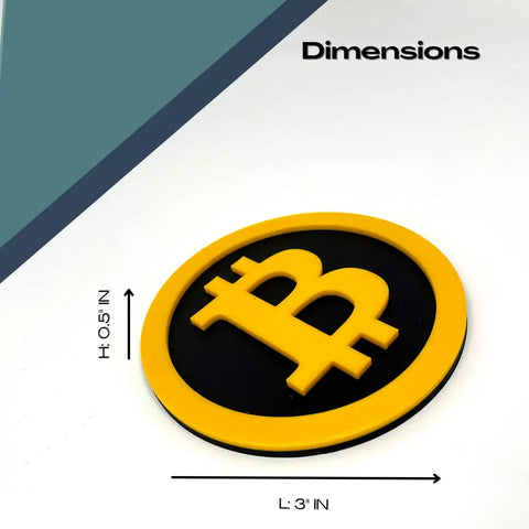 The Chatelet Manufacturing Bitcoin Fridge Magnet features a yellow Bitcoin symbol on black with a yellow border. At 0.5 high and 3 long, this round decorative magnet is perfect for cryptocurrency fans. Dimensions is shown at the top right.