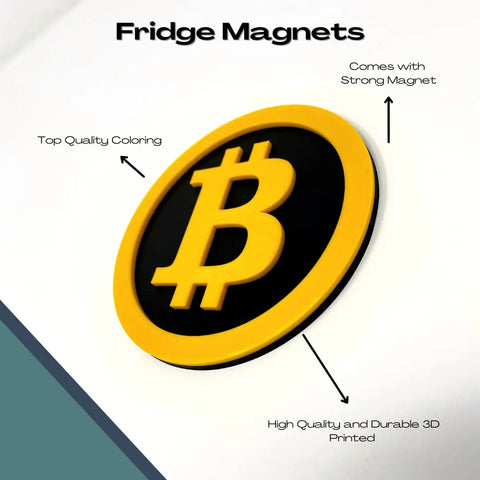 The Chatelet Manufacturing Bitcoin Fridge Magnet features bold yellow and black color, durable 3D printing, and a strong magnet—ideal decorative decor for cryptocurrency fans. Shown on a white background.