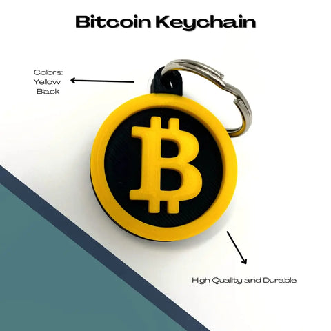 The Chatelet Manufacturing Bitcoin Keychain features a round design with a yellow Bitcoin symbol on black, yellow border, and color labels. High quality, durable, and proudly made in the USA—perfect for cryptocurrency fans.