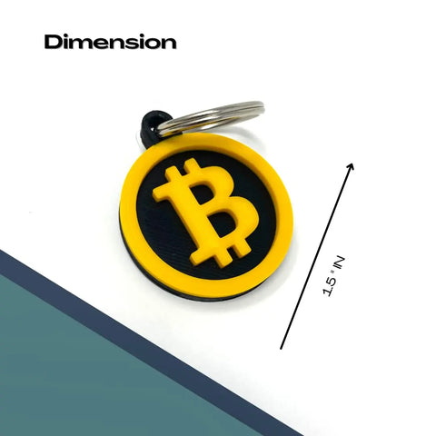 The Bitcoin Keychain - Decorative Keychain for Cryptocurrency Fans by Chatelet Manufacturing features a round black design with a yellow Bitcoin symbol and ring, Dimension text above, and measures 1.5 inches in diameter—ideal for crypto enthusiasts.