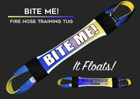 The Bite Me Fire Hose Training Tug by Bulletproof Pet Products Inc is a heavy-duty dog toy with blue and yellow handles, floating labels, and BITE ME! in bold letters—ideal for training.