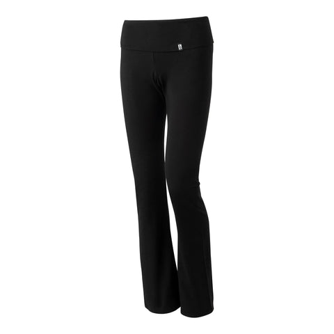 The Fireside Pine Bitterroot Yoga - Black pants are high-waisted, full-length yoga bottoms with a small logo on the waistband, made in the USA for ultimate comfort and shown against a white background.