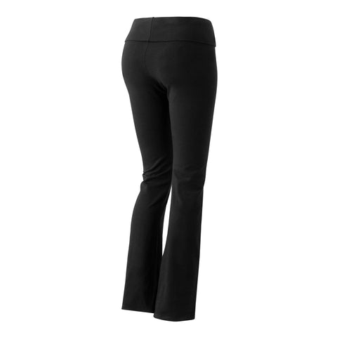 Fireside Pine Bitterroot Yoga - Black pants, high-waisted with a wide waistband and slightly flared legs, are displayed from the back on a white background. Designed for all-day comfort and proudly made in the USA.