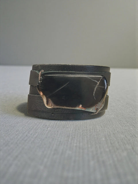 Black Agate Stone Leather Cuff Bracelet – Handmade Black Leather Band | Made in USA Durable Accessory Michelle Marie Boutique  Bracelets