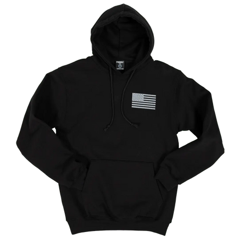 The Proudly USA American Flag Pullover Hoodie Sweatshirt (Black) features a grayscale flag patch on the upper left chest and a front kangaroo pocket, shown against a plain background.