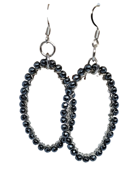 Black Crystal Beaded Oval Hoop Earrings – Sterling Silver Wire Frame | Handmade in USA Fashion Jewelry Michelle Marie Boutique  Earring