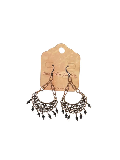 Black Crystal Crescent Chandelier Earrings – Vintage Copper Filigree Jewelry | Handmade in USA Michelle Marie Boutique  Earrings
