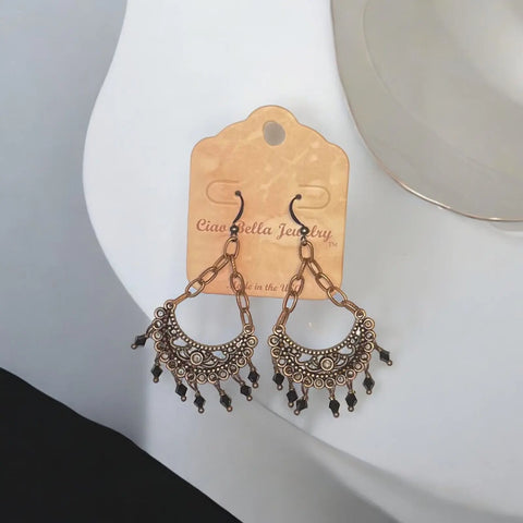 Black Crystal Crescent Chandelier Earrings – Vintage Copper Filigree Jewelry | Handmade in USA Michelle Marie Boutique  Earrings