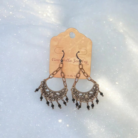 Black Crystal Crescent Chandelier Earrings – Vintage Copper Filigree Jewelry | Handmade in USA Michelle Marie Boutique  Earrings