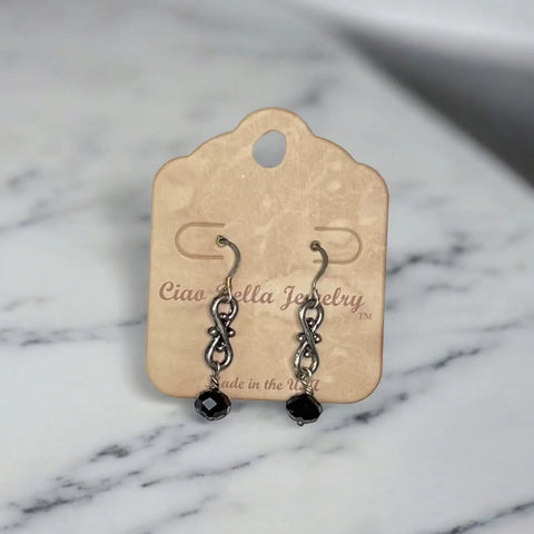 Black Crystal Dangle Earrings – Filigree Stainless Steel Gothic Jewelry | Made in USA Elegant Drop Design Michelle Marie Boutique  Earrings