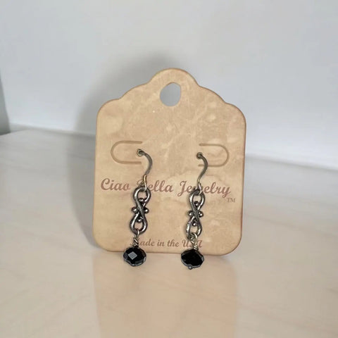 Black Crystal Dangle Earrings – Filigree Stainless Steel Gothic Jewelry | Made in USA Elegant Drop Design Michelle Marie Boutique  Earrings