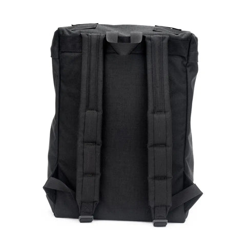 The MIS Backpack - Black, made from Cordura nylon, is shown from the back with two padded shoulder straps, a top handle, and a padded laptop holder against a plain white background.