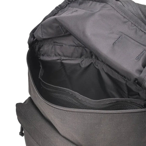 Open MIS Backpack - Black in Cordura Nylon reveals a spacious, lined interior with a padded laptop holder, zippered pocket, and top drawstring closure. Made in U.S.A.