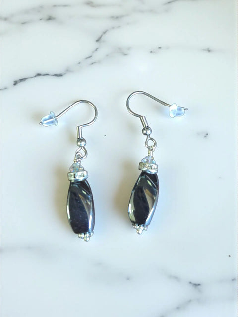 Black Hematite Drop Earrings 1 Inch with Crystal Accents – Sterling Silver Hooks | Made in USA by Michelle Marie Boutique Michelle Marie Boutique  Earrings
