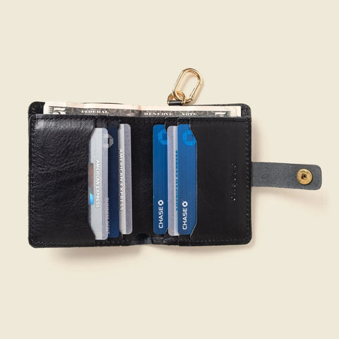 Black Leather Bifold Wallet With Snap Closure And Key Ring – Handmade in USA CASUPO  Small Bifold