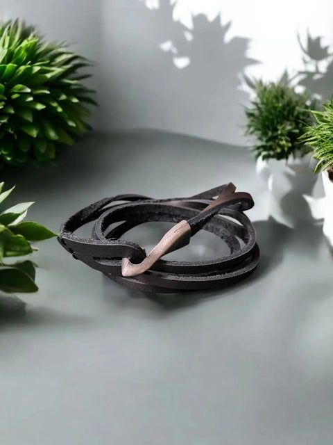 Black Leather Wrap-Around Hook Bracelet – Durable Men's Accessory – Handcrafted Modern Style | Made in USA Michelle Marie Boutique  Bracelet