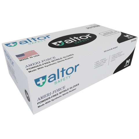 A box of Altor Safety Nitrile Gloves Food/Industrial Grade 6 Mil Black, size medium. The packaging shows product details, the Altor Safety logo, and highlights its food/industrial grade quality.