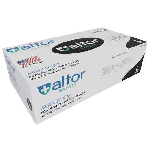 A black box of Altor Safety Nitrile Gloves Food/Industrial Grade 6 Mil, featuring the Altor Safety brand and text indicating 100 gloves per box and Made in USA; size large.