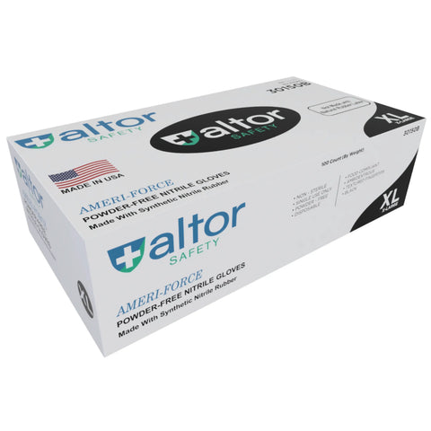 A white box of Altor Safety Nitrile Gloves Food/Industrial Grade 6 Mil Black, size XL, with blue and black branding, an American flag, ASTM D6978/D7329 ratings, and product info printed on the packaging.