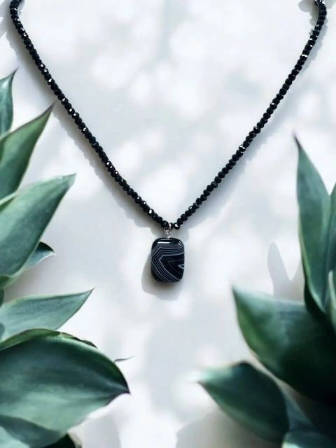 Black Sardonyx Stone Pendant Necklace – Grounding Jewelry with Adjustable Beaded Chain | Made in USA Michelle Marie Boutique  Necklaces