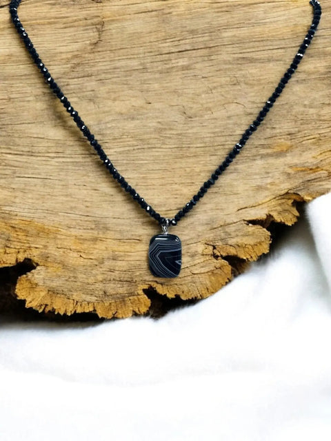 Black Sardonyx Stone Pendant Necklace – Grounding Jewelry with Adjustable Beaded Chain | Made in USA Michelle Marie Boutique  Necklaces
