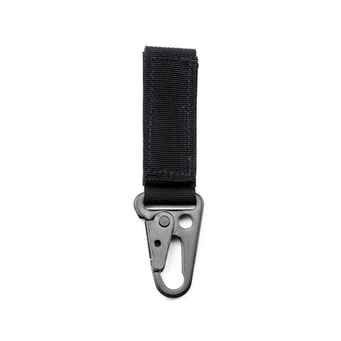The MIS Duty Key Holder - Black is a black nylon strap keychain with a metal HK-style spring hook and heavy-duty belt loop, shown isolated on a white background.