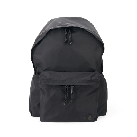 The MIS Daypack - Black is a water-resistant nylon backpack with a front zippered pocket, drawstring pulls, and fits a 13” laptop, shown against a white background.