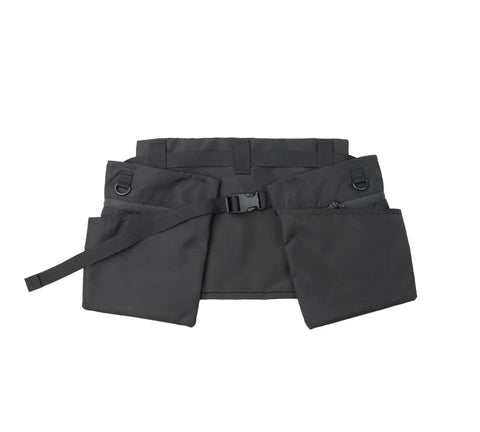 The MIS Game Apron Bag - Black is a durable packcloth nylon utility belt with two large side pockets, adjustable strap, buckle closure, and waistband loops. Water-resistant and laid flat on a white background.