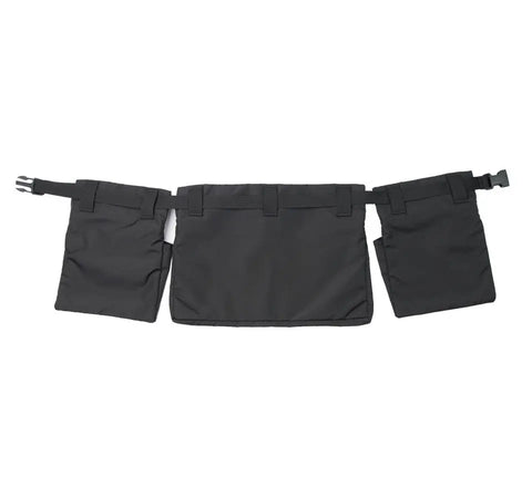 The MIS Game Apron Bag in black features three large water-resistant pouches and adjustable buckle straps, designed for carrying tools or accessories around the waist.