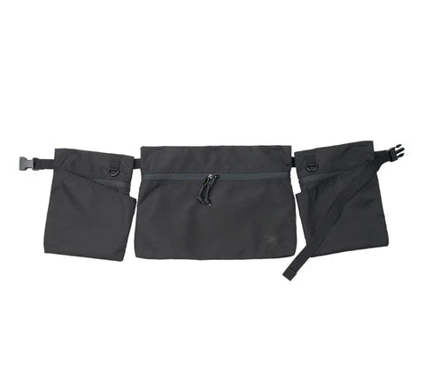 The MIS Game Apron Bag in black is a packcloth nylon utility belt featuring three detachable, water-resistant bags with zipper or buckle closures, shown arranged horizontally on a white background.