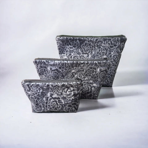 Black With Silver Flowers - Makeup Bag/ Cosmetic Pouch (Different Sizes) Frances Farm & Craft  Cosmetic bags