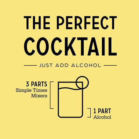 A yellow graphic titled The Perfect Cocktail: Just Add Alcohol shows a drink with 3 parts Simple Times Mixers Blackberry Smash and 1 part alcohol or bourbon, including mixing instructions.