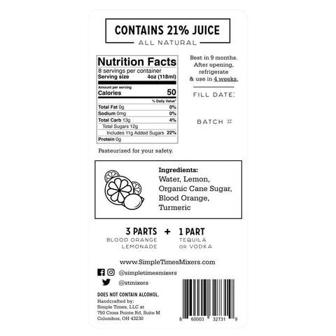 Blood Orange Lemonade Simple Times Mixers  32oz Single Bottle