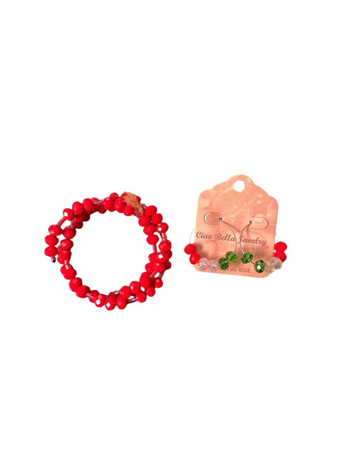 Blood Red Beaded Wrap Bracelet with Crystal Green Hoop Earrings – Festive Jewelry Set | Made in USA Michelle Marie Boutique  Bracelet Set