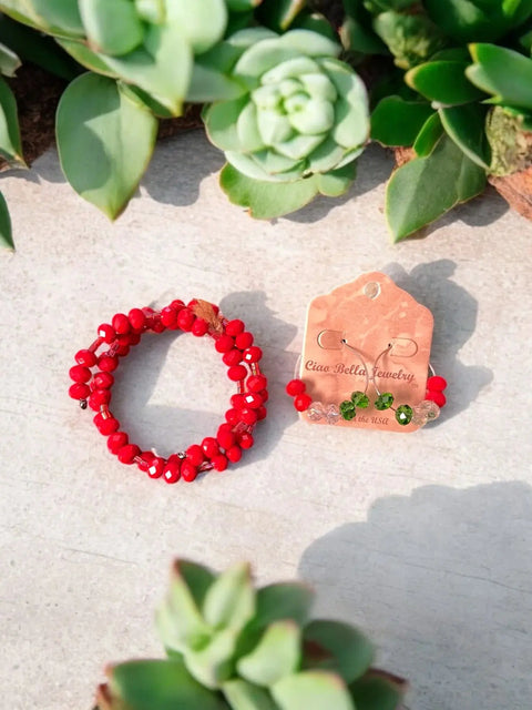 Blood Red Beaded Wrap Bracelet with Crystal Green Hoop Earrings – Festive Jewelry Set | Made in USA Michelle Marie Boutique  Bracelet Set